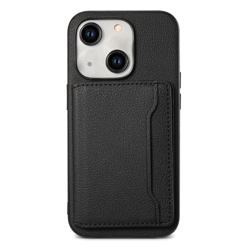

For iPhone 15 Plus Calf Texture Card Bag Design Full Coverage Phone Case(Black)