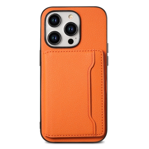 

For iPhone 15 Pro Calf Texture Card Bag Design Full Coverage Phone Case(Orange)
