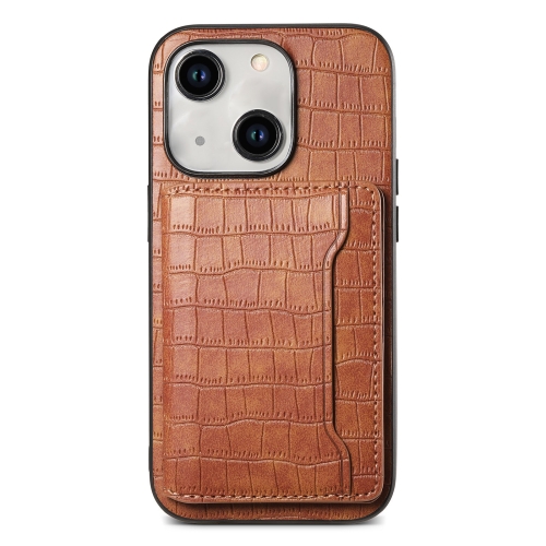 

For iPhone 15 Plus Crocodile Texture Card Bag Design Full Coverage Phone Case(Brown)