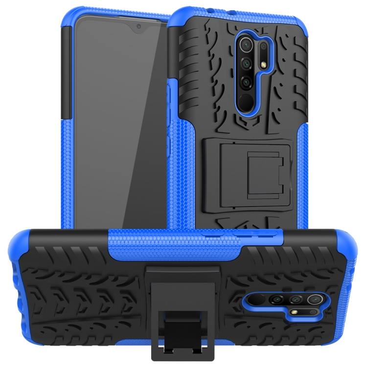 

For Xiaomi Redmi 9 Tire Texture Shockproof TPU + PC Protective Case with Holder(Blue)
