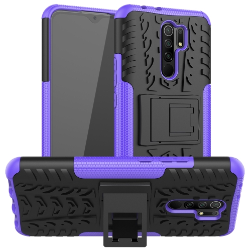 

For Xiaomi Redmi 9 Tire Texture Shockproof TPU + PC Protective Case with Holder(Purple)