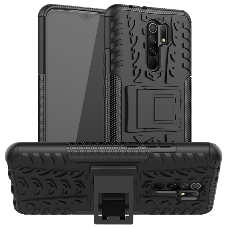 

For Xiaomi Redmi 9 Tire Texture Shockproof TPU + PC Protective Case with Holder(Black)