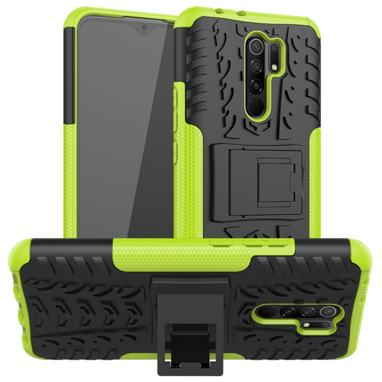 

For Xiaomi Redmi 9 Tire Texture Shockproof TPU + PC Protective Case with Holder(Green)