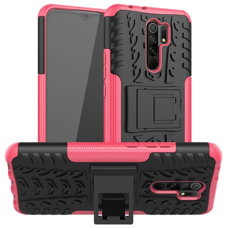 

For Xiaomi Redmi 9 Tire Texture Shockproof TPU + PC Protective Case with Holder(Rose Red)
