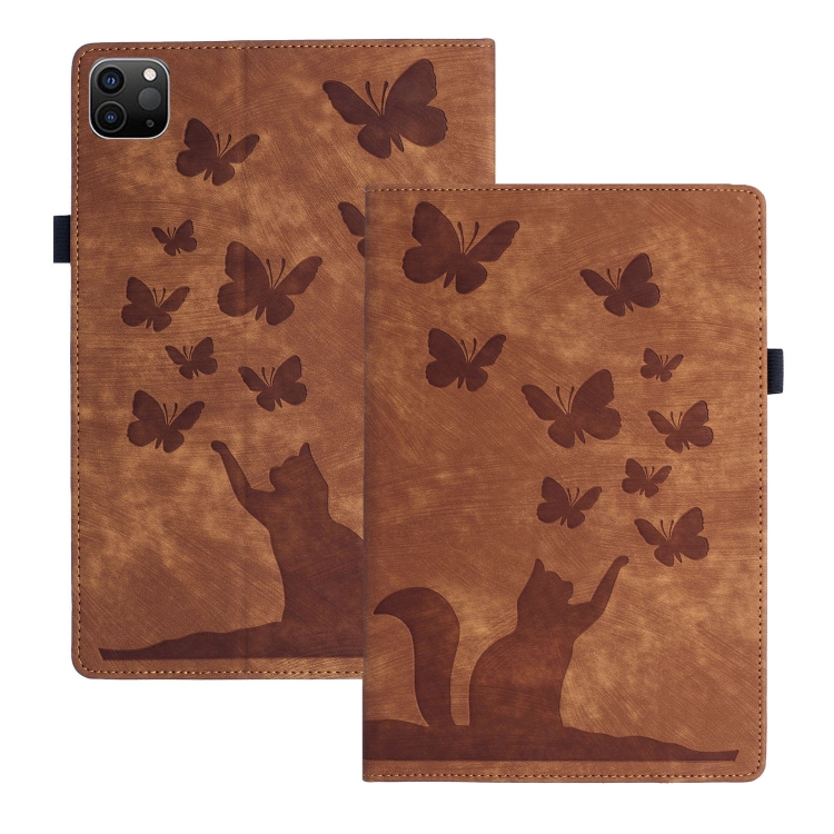 

For iPad Pro 13 2024 Butterfly Cat Embossing Leather Tablet Case(Brown)