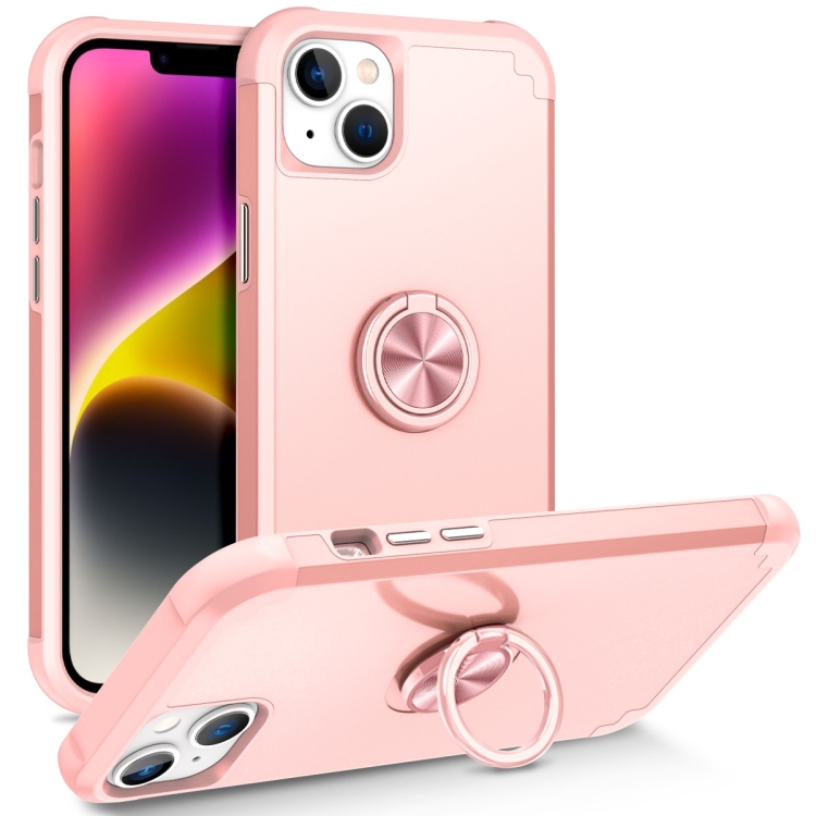 

For iPhone 14 Plus L2 Rotating Ring Holder Magnetic Phone Case(Rose Gold)