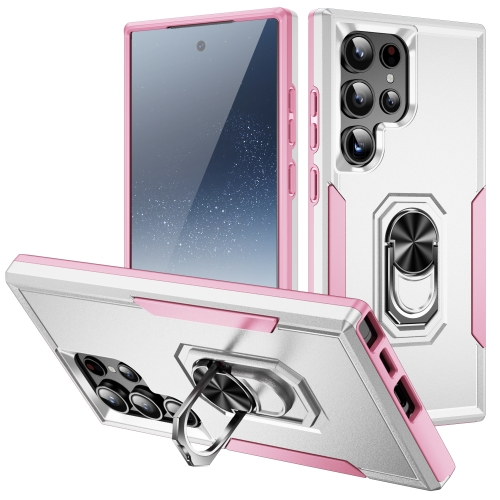

For Samsung Galaxy S24 Ultra 5G Pioneer Armor Heavy Duty PC + TPU Phone Case with Holder(White+Pink)