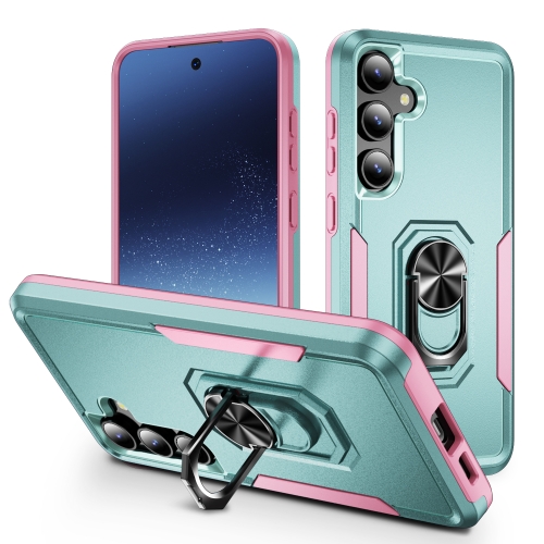 

For Samsung Galaxy S24 5G Pioneer Armor Heavy Duty PC + TPU Phone Case with Holder(Green+Pink)
