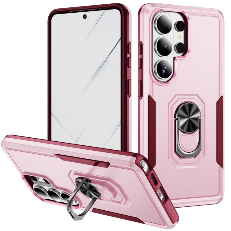 

For Samsung Galaxy S26 Ultra 5G Pioneer Armor Heavy Duty PC Hybrid TPU Phone Case with Holder(Pink+Rose Red)