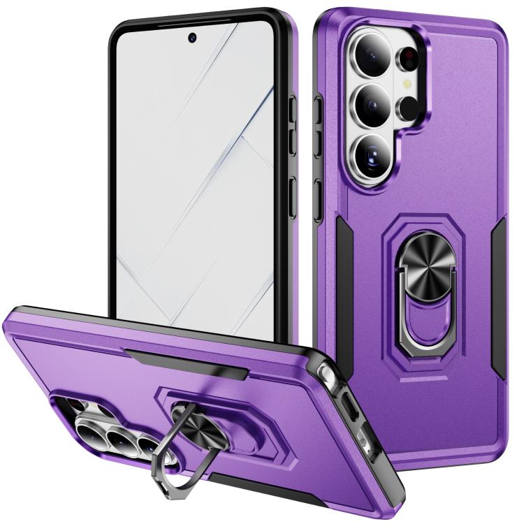 

For Samsung Galaxy S26 Ultra 5G Pioneer Armor Heavy Duty PC Hybrid TPU Phone Case with Holder(Purple+Black)