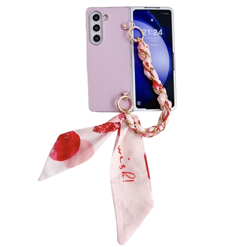 

For Samsung Galaxy Z Fold4 5G Metal Patent Leather Phone Case with Scarf Bracelet(Pink)