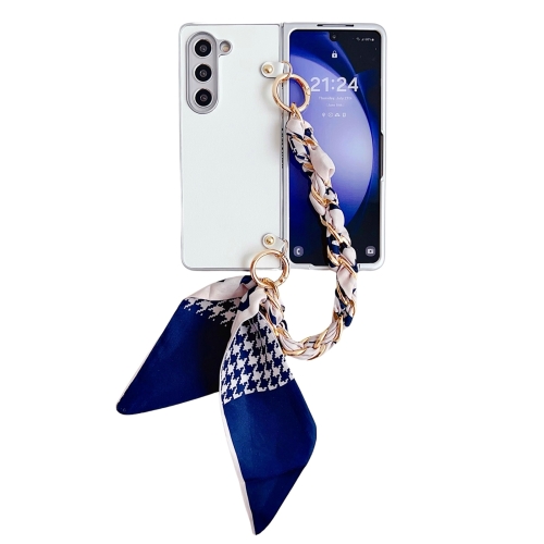 

For Samsung Galaxy Z Fold4 5G Metal Patent Leather Phone Case with Scarf Bracelet(White)