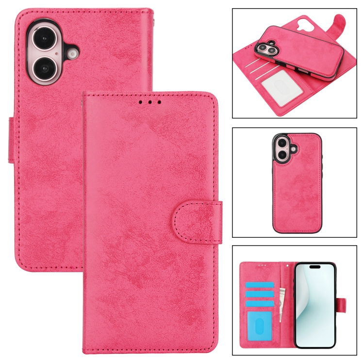 

For iPhone 16 Plus 2 in 1 Detachable Phone Leather Case(Pink)