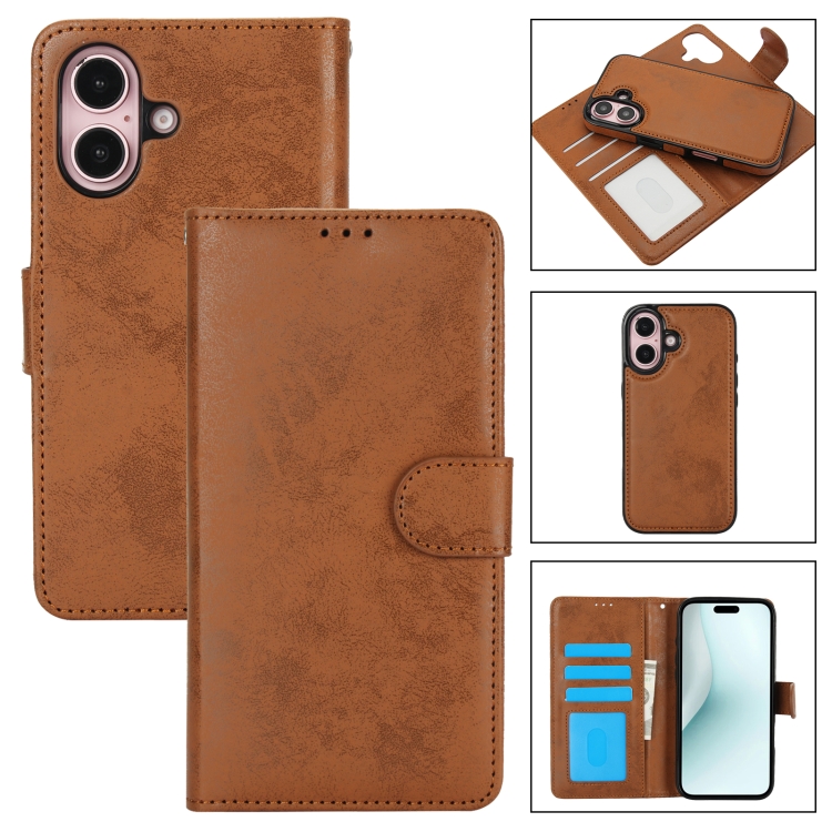 

For iPhone 16 Plus 2 in 1 Detachable Phone Leather Case(Brown)