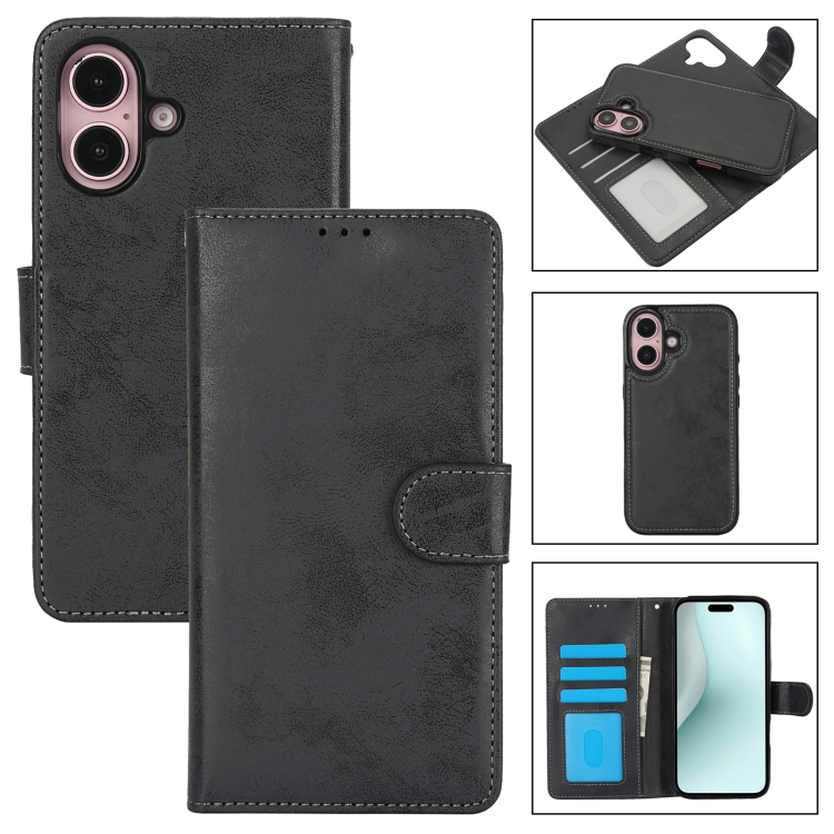 

For iPhone 16 Plus 2 in 1 Detachable Phone Leather Case(Black)