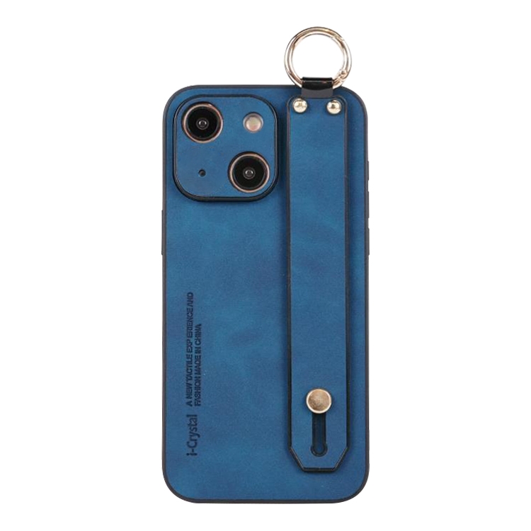

For iPhone 14 Plus Lambskin Wristband Holder Phone Case(Blue)