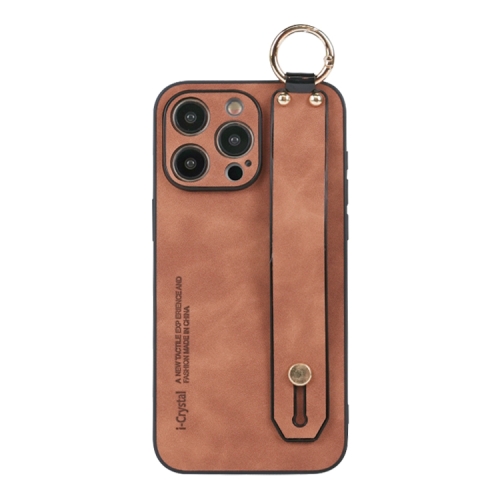 

For iPhone 14 Pro Max Lambskin Wristband Holder Phone Case(Khaki)