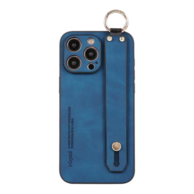 

For iPhone 13 Pro Lambskin Wristband Holder Phone Case(Blue)