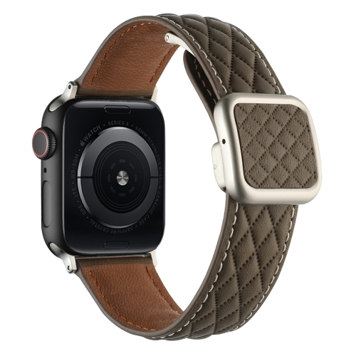 

For Apple Watch 38mm Rhombus Pattern Magnetic Square Buckle Leather Watch Band(Brown)