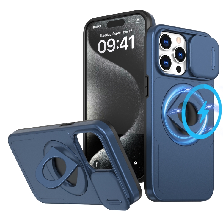 

For iPhone 15 Pro Max Camshield MagSafe Ring Holder Armor Phone Case(Blue)