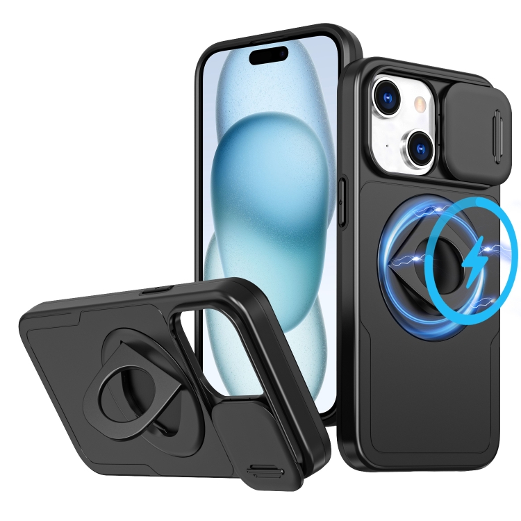 

For iPhone 15 Camshield MagSafe Ring Holder Armor Phone Case(Black)