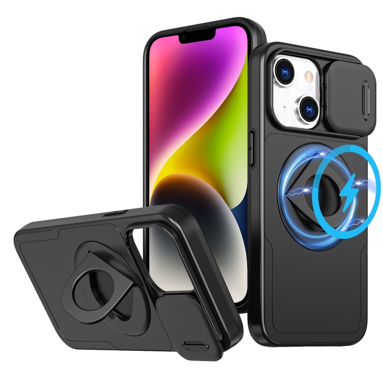 

For iPhone 14 Plus Camshield MagSafe Ring Holder Armor Phone Case(Black)