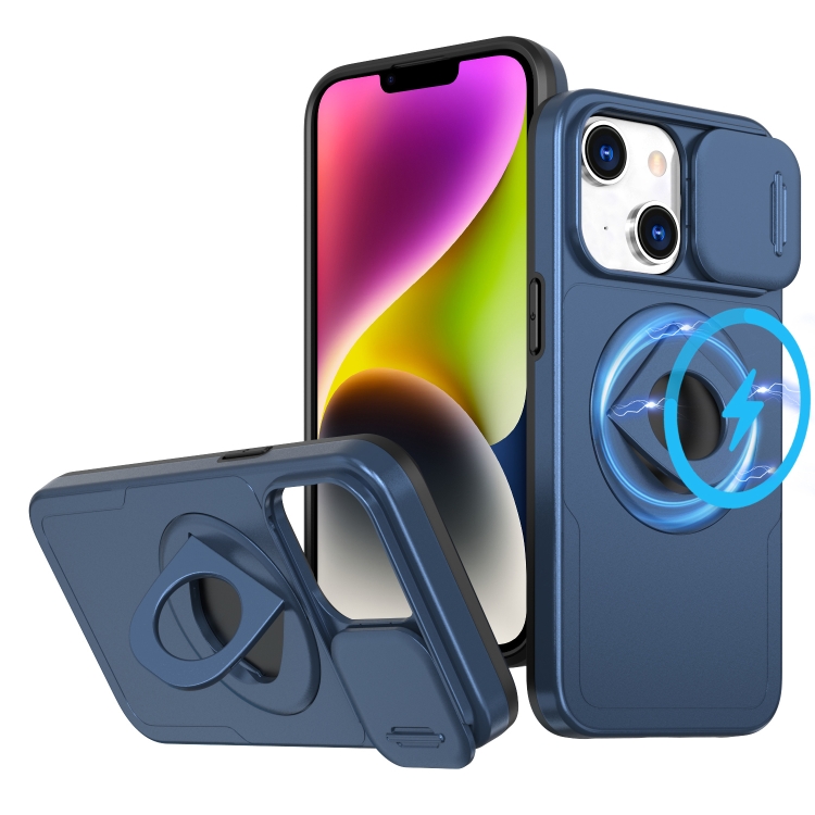 

For iPhone 14 Plus Camshield MagSafe Ring Holder Armor Phone Case(Blue)