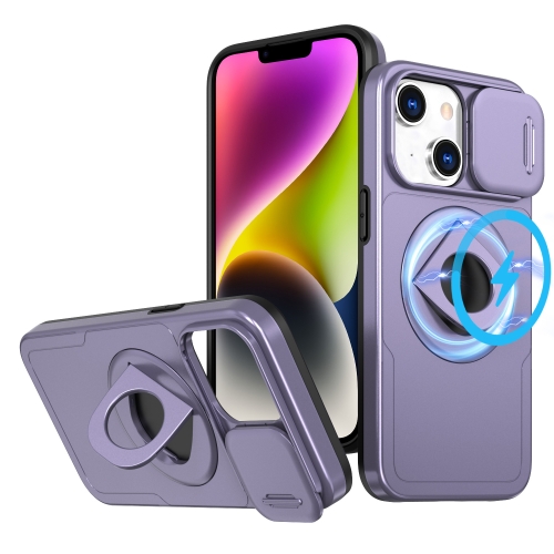 

For iPhone 14 Plus Camshield MagSafe Ring Holder Armor Phone Case(Purple)
