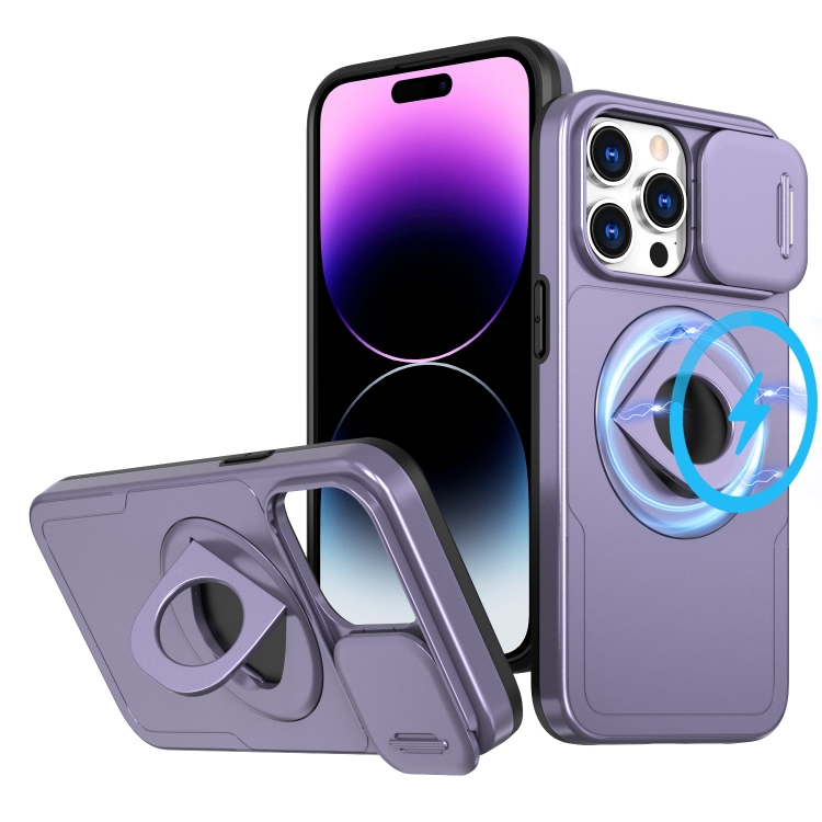 

For iPhone 14 Pro Max Camshield MagSafe Ring Holder Armor Phone Case(Purple)