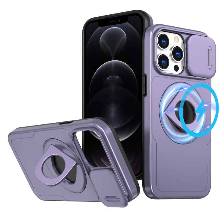 

For iPhone 12 Pro Camshield MagSafe Ring Holder Armor Phone Case(Purple)