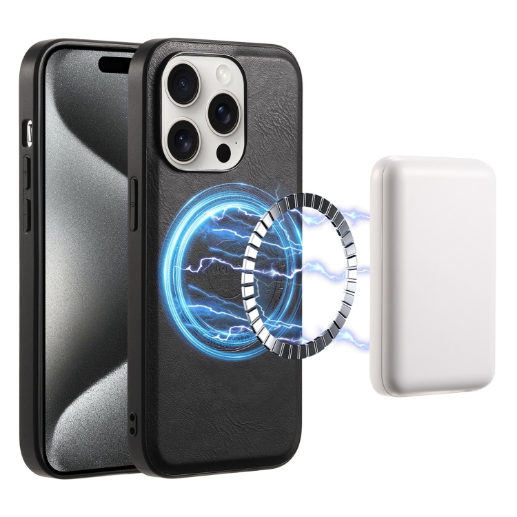 

For iPhone 15 Pro Max Denior Cowhide Texture Leather MagSafe Phone Case(Black)