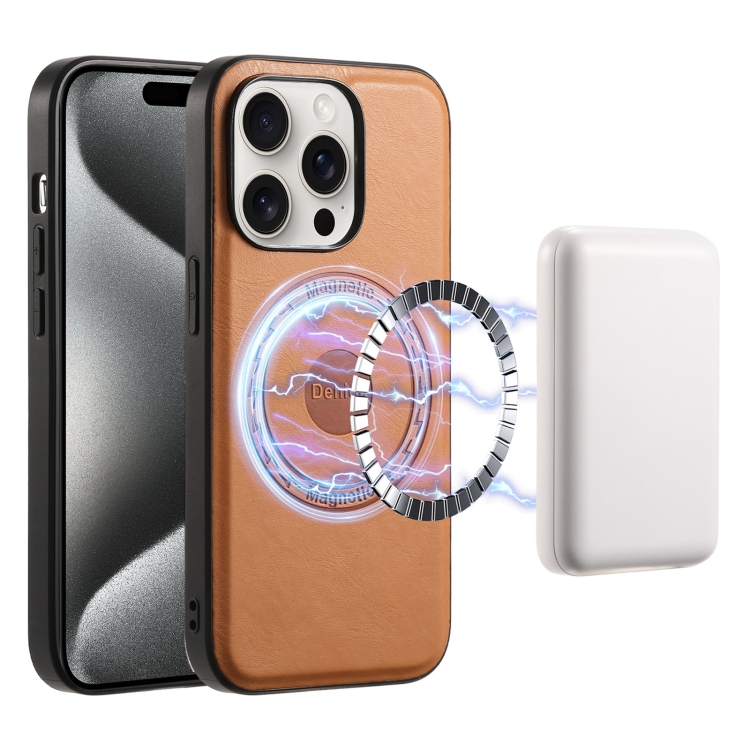 

For iPhone 15 Pro Denior Cowhide Texture Leather MagSafe Phone Case(Khaki)