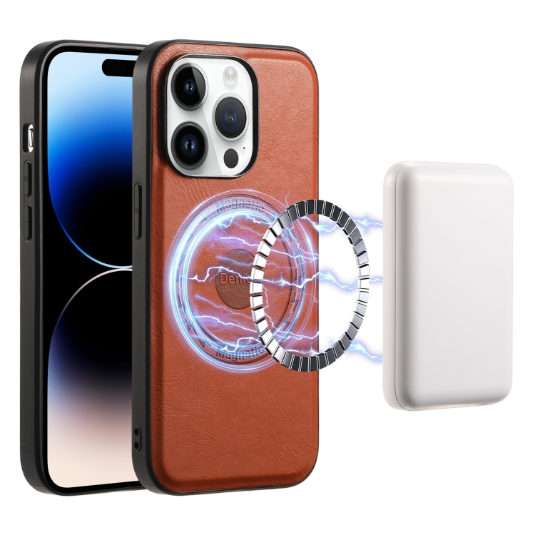 

For iPhone 14 Pro Denior Cowhide Texture Leather MagSafe Phone Case(Brown)