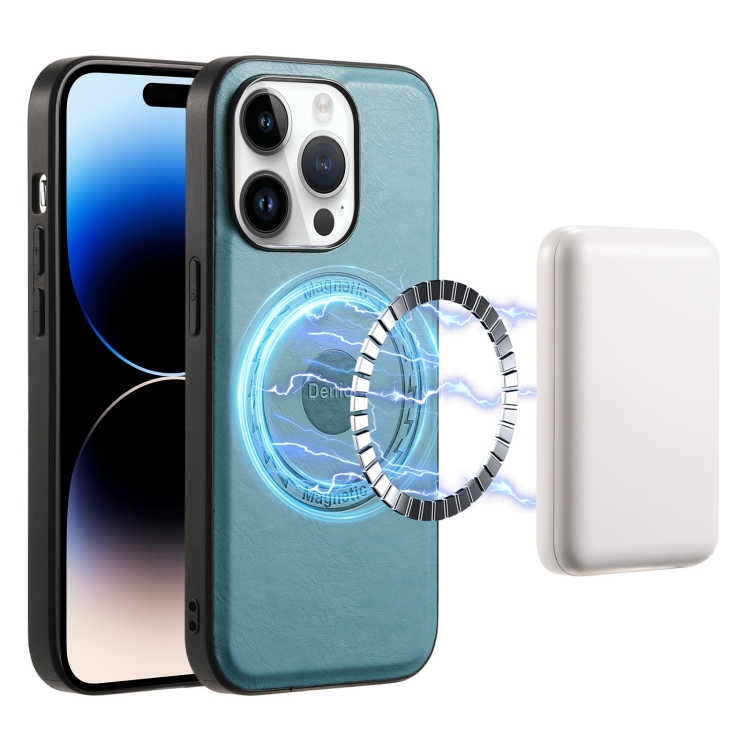 

For iPhone 14 Pro Max Denior Cowhide Texture Leather MagSafe Phone Case(Blue)