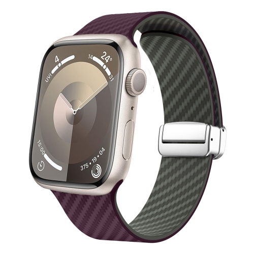 For Apple Watch SE 2023 44mm Carbon Fiber Magnetic Silver Buckle Watch Band(Purple Green)