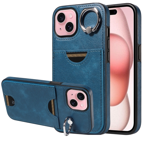 

For iPhone 15 Calf Texture Card Slot Ring Holder Phone Case(Blue)