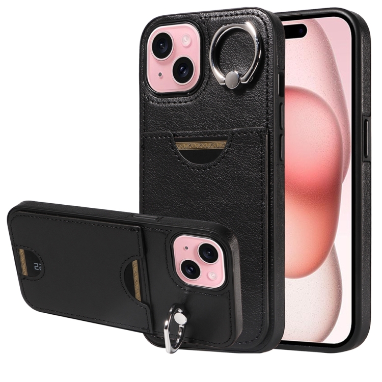

For iPhone 15 Calf Texture Card Slot Ring Holder Phone Case(Black)