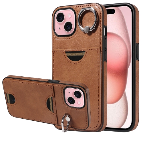 

For iPhone 15 Calf Texture Card Slot Ring Holder Phone Case(Brown)
