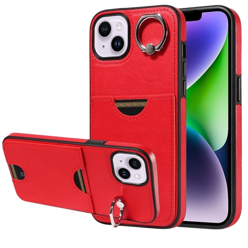 

For iPhone 15 Plus Calf Texture Card Slot Ring Holder Phone Case(Red)