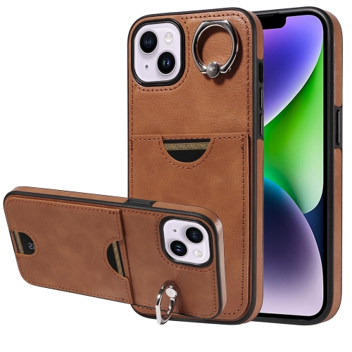 

For iPhone 15 Plus Calf Texture Card Slot Ring Holder Phone Case(Brown)