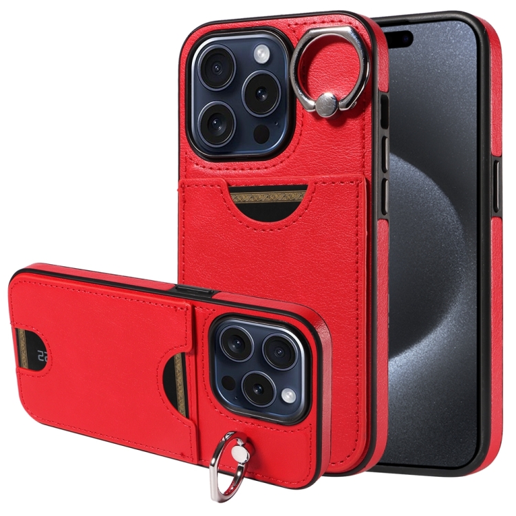 

For iPhone 15 Pro Calf Texture Card Slot Ring Holder Phone Case(Red)