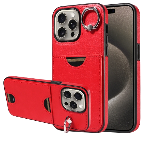 

For iPhone 15 Pro Max Calf Texture Card Slot Ring Holder Phone Case(Red)
