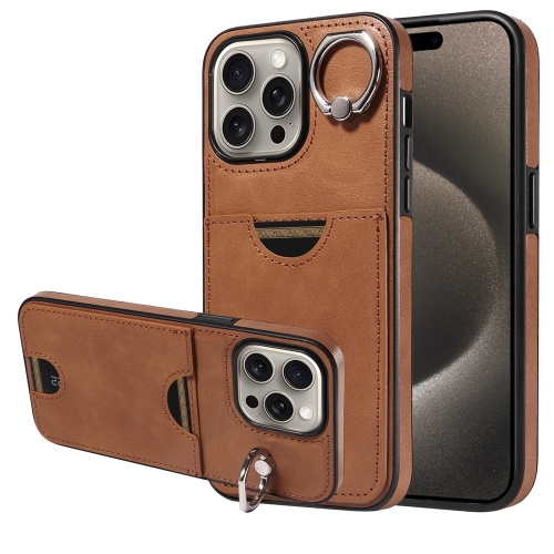 

For iPhone 15 Pro Max Calf Texture Card Slot Ring Holder Phone Case(Brown)