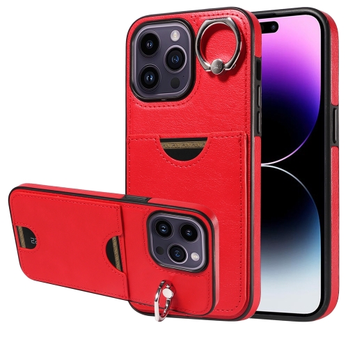 

For iPhone 14 Pro Max Calf Texture Card Slot Ring Holder Phone Case(Red)