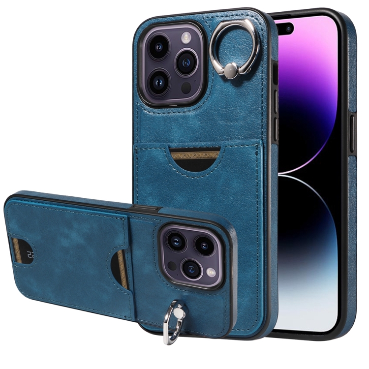 

For iPhone 14 Pro Max Calf Texture Card Slot Ring Holder Phone Case(Blue)