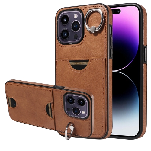 

For iPhone 14 Pro Max Calf Texture Card Slot Ring Holder Phone Case(Brown)