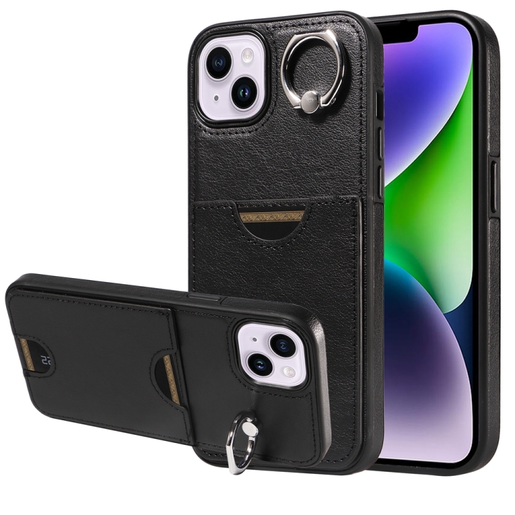 

For iPhone 14 Plus Calf Texture Card Slot Ring Holder Phone Case(Black)