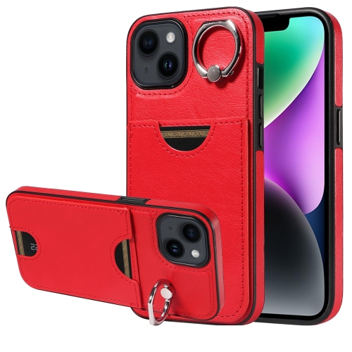 

For iPhone 14 Calf Texture Card Slot Ring Holder Phone Case(Red)