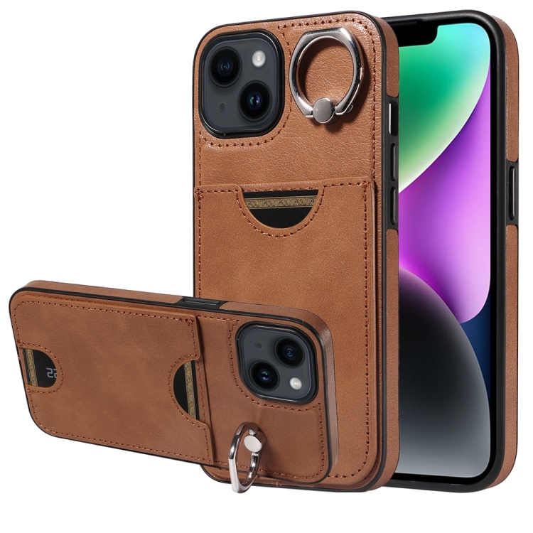 

For iPhone 14 Calf Texture Card Slot Ring Holder Phone Case(Brown)