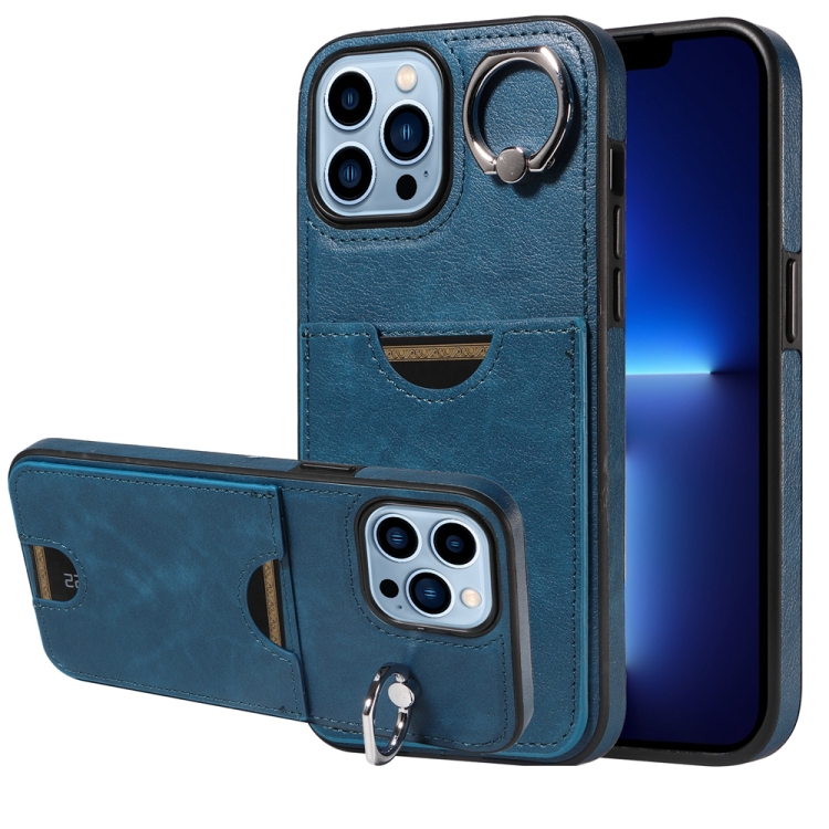 

For iPhone 13 Pro Max Calf Texture Card Slot Ring Holder Phone Case(Blue)